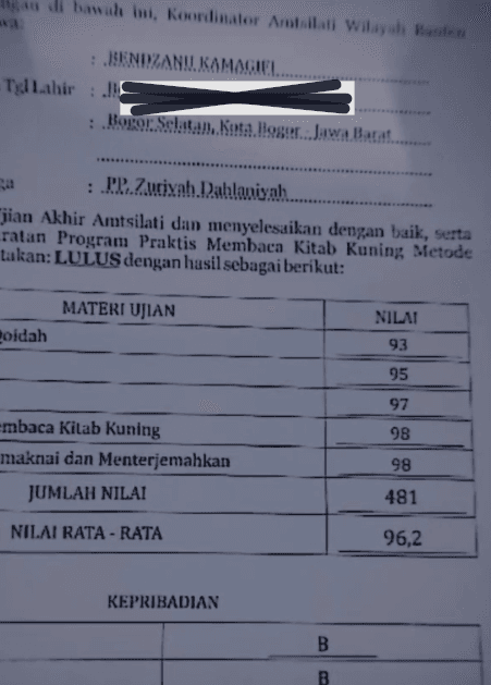 Dokumen hasil Amtsilati dengan nilai rata-rata 96,2